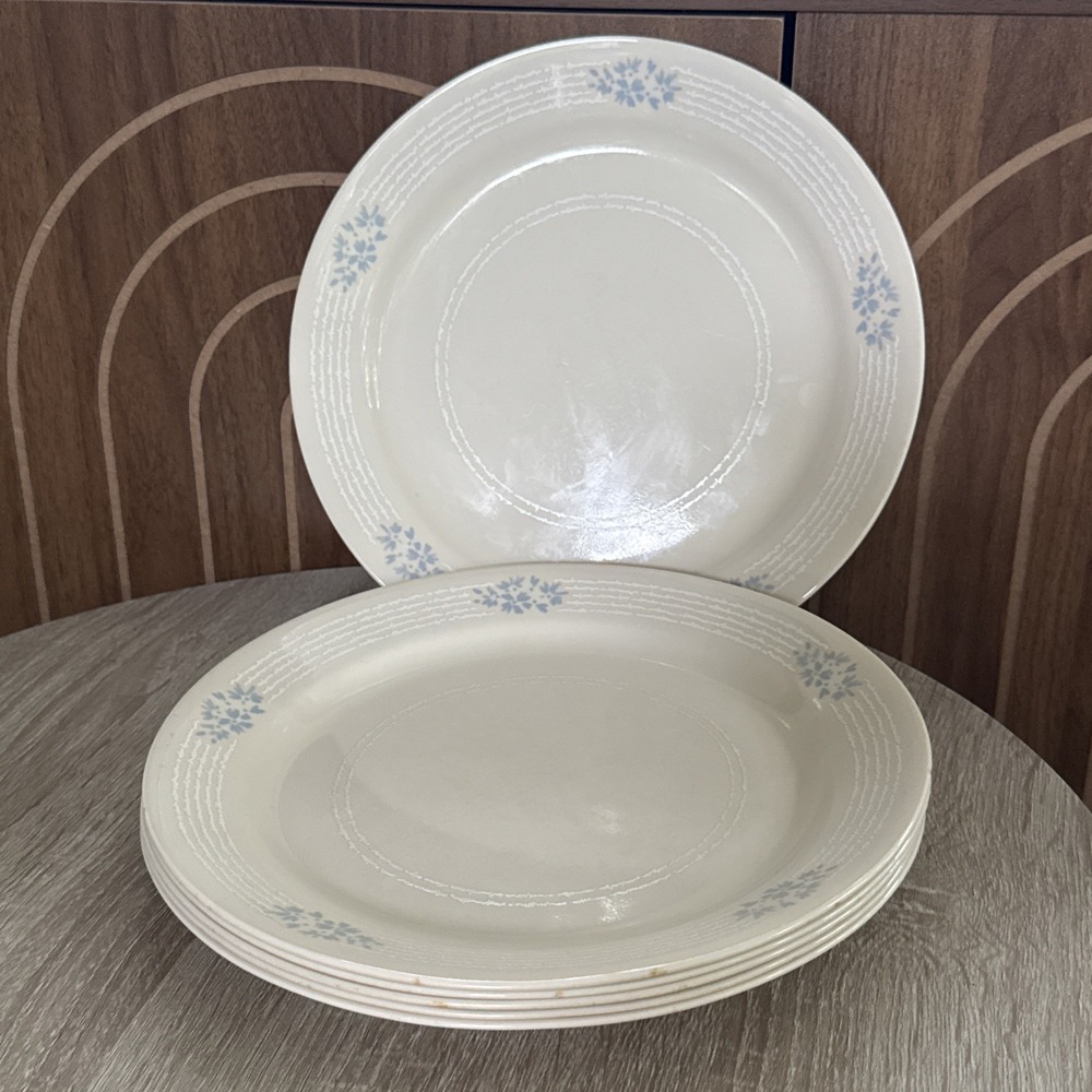 6 Corelle Corning Lace Bouquet 10.25" Dinner Plates Blue Floral White Rings Vtg